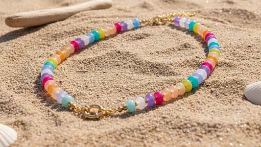 Rainbow Crystal Beaded Necklace, Gold Plated, Handmade Colourful Jewellery.