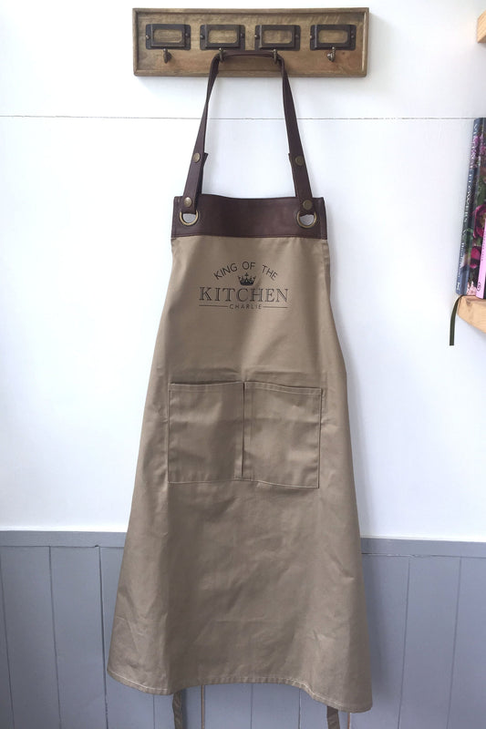 Premium Faux Leather Trim Kitchen Apron with Pockets,Personalised Name - Dad, Husband,Grandad/ Christmas / Birthday Gift UK FREE Uk Postage