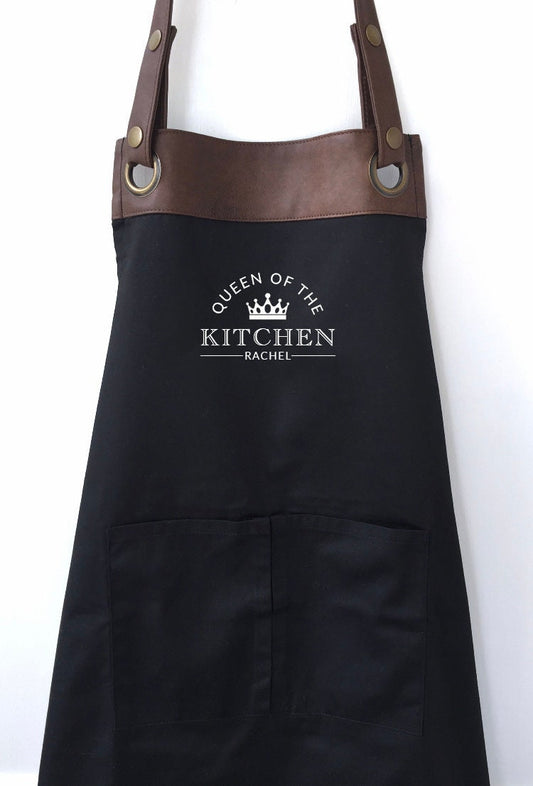 Premium Faux Leather Trim Queen Kitchen Apron with Pockets, Personalised Name - Wife, Girlfriend, Mum,Mothers Day, Gift UK - FREE Uk Postage