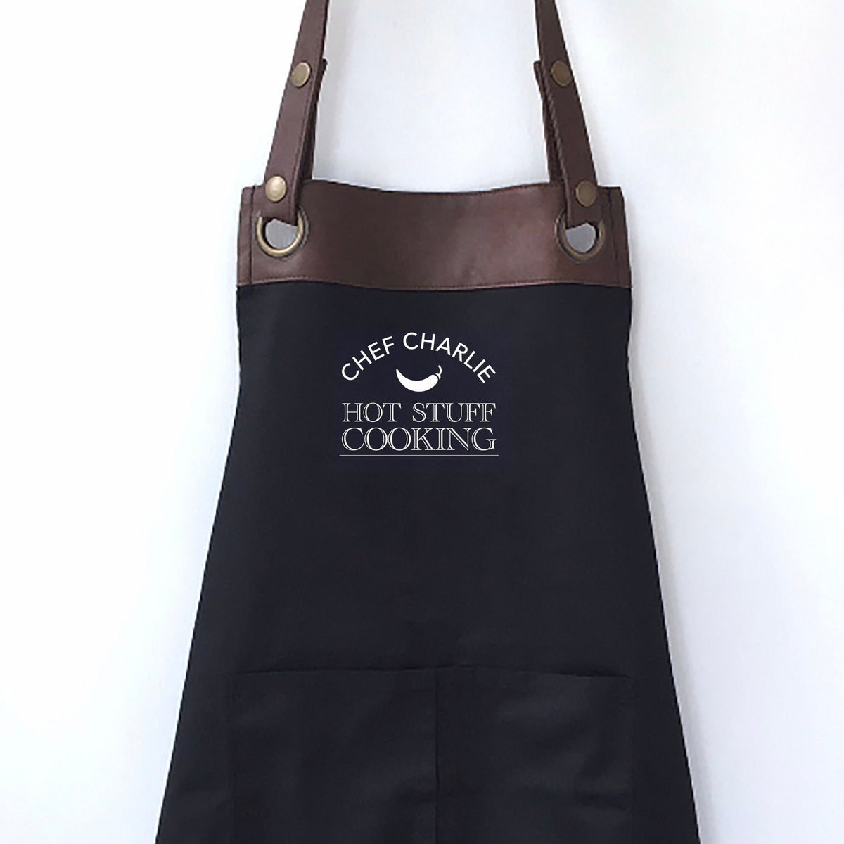 Premium Faux Leather Trim Hot Stuff Apron with Pockets, Personalised - Dad, Husband,Boyfriend , Wife / Birthday gift UK - FREE Uk Postage
