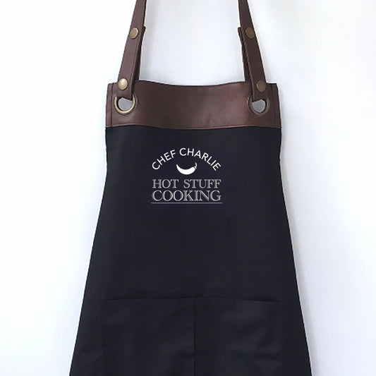 Premium Faux Leather Trim Hot Stuff Apron with Pockets, Personalised - Dad, Husband,Boyfriend , Wife / Birthday gift UK - FREE Uk Postage