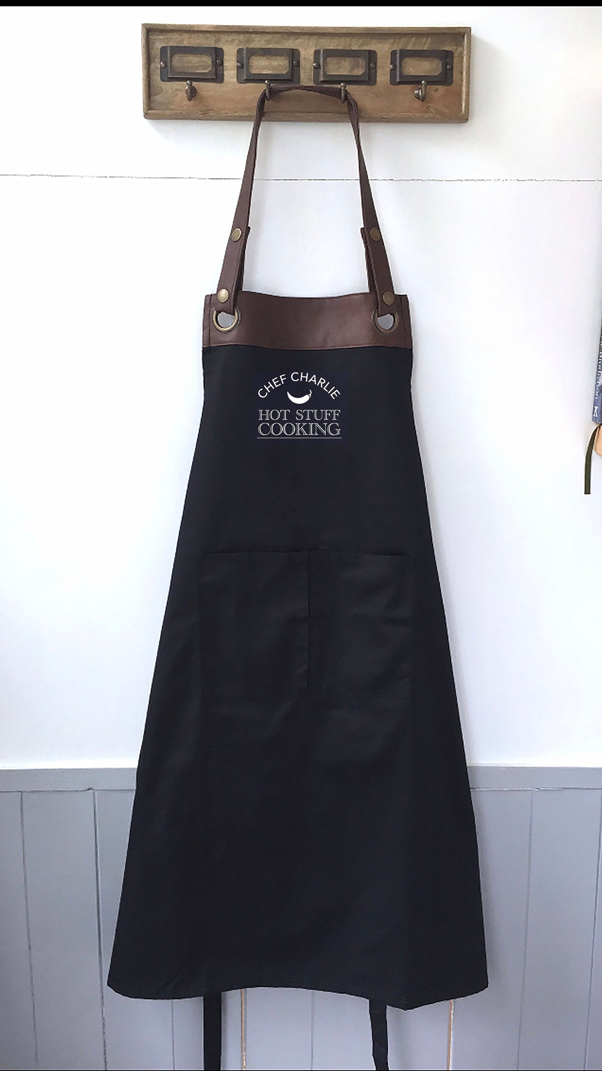 Premium Faux Leather Trim Hot Stuff Apron with Pockets, Personalised - Dad, Husband,Boyfriend , Wife / Birthday gift UK - FREE Uk Postage