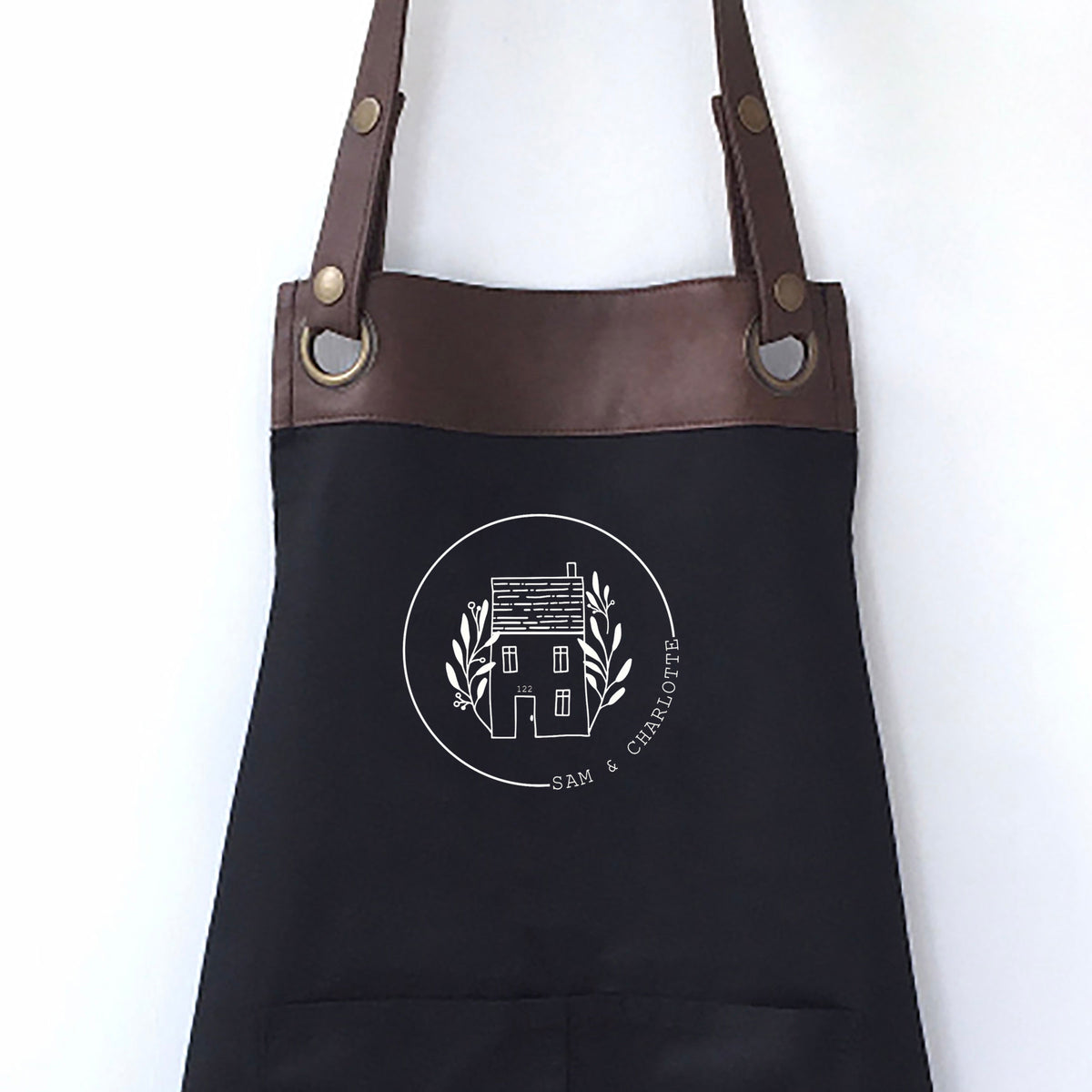 Premium Faux Leather Trim New House/Home Apron with Pockets, Personalised - Friends, Brother, Sister / Birthday gift UK - FREE Uk Postage