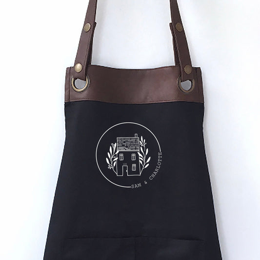 Premium Faux Leather Trim New House/Home Apron with Pockets, Personalised - Friends, Brother, Sister / Birthday gift UK - FREE Uk Postage