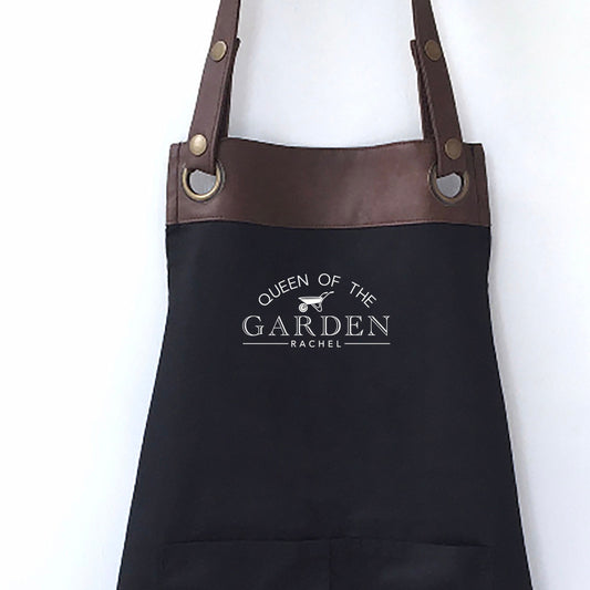 Premium Faux Leather Trim Garden Apron with Pockets, Personalised - Mum, Wife, Grandma,Mothers Day / Birthday gift UK - FREE Uk Postage
