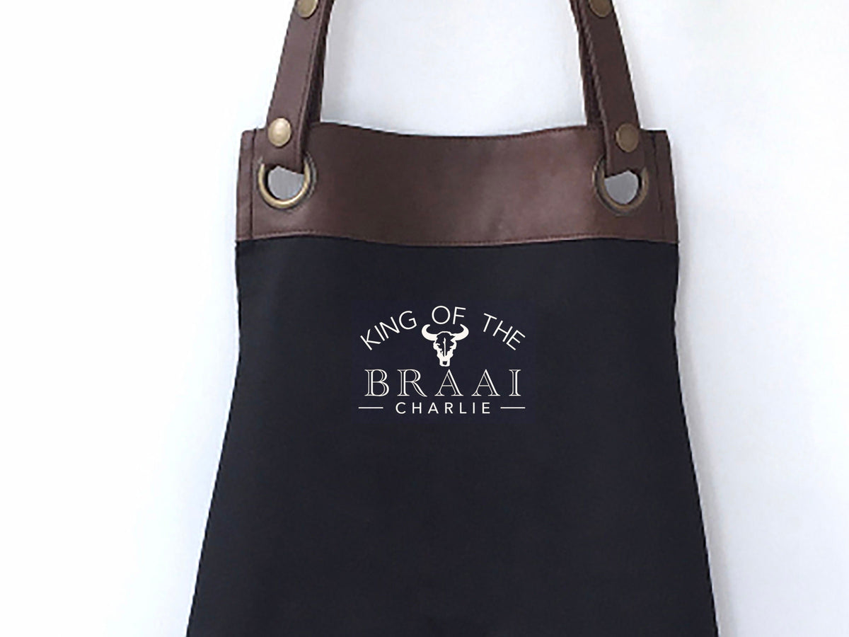 Premium Faux Leather Trim Braai Apron with Pockets, Personalised Name - Dad, Husband, Grandad, Christmas / Birthday gift - FREE Uk Postage