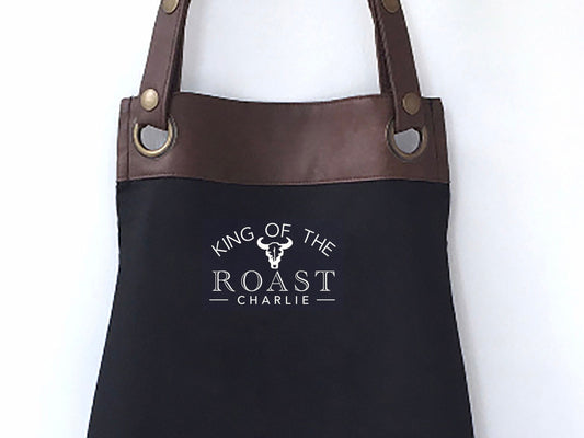 Premium Faux Leather Trim Roast Apron with Pockets, Personalised Name - Dad, Husband, Brother, Fathers / Birthday gift UK - FREE Uk Postage