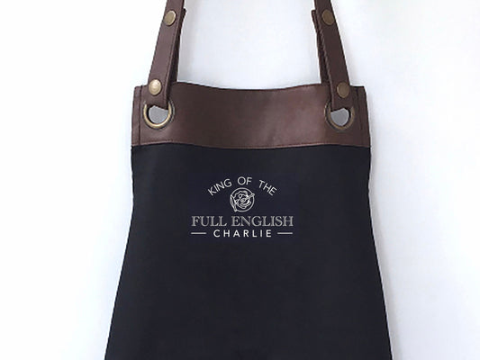 Premium Faux Leather Trim Full English Apron with Pockets, Personalised Name - Dad, Husband, Valentines / Birthday gift UK - FREE Uk Postage
