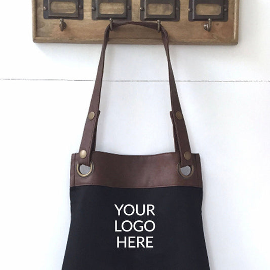 Premium Faux Leather Trim Apron with Pockets, Printed with Personalised Logo, business, restaurant branding UK - FREE Uk Postage - Birthday