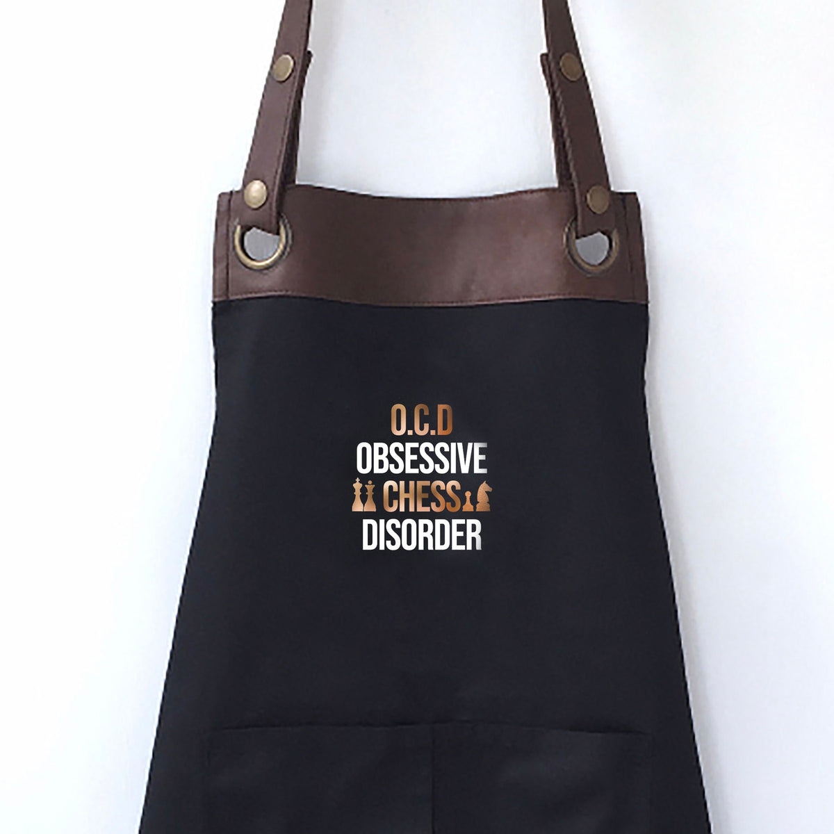 Premium Faux Leather Trim Chess Apron with Pockets, Personalised - Dad, Husband, Grandad, Valentines / Birthday gift UK - FREE Uk Postage