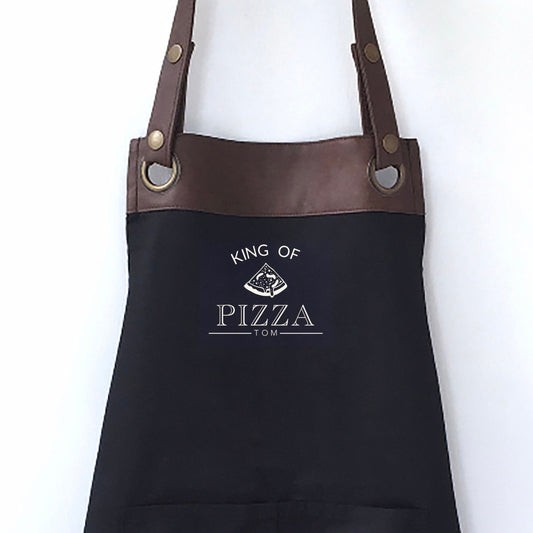 Premium Faux Leather Trim Pizza Apron with Pockets,Personalised - Dad, Husband, Grandad, Christmas / Birthday gift UK - FREE Uk Postage