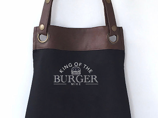 Premium Faux Leather Trim BURGER Apron with Pockets, Personalised Name - Dad, Husband, Brother, Fathers / Birthday gift UK - FREE Uk Postage
