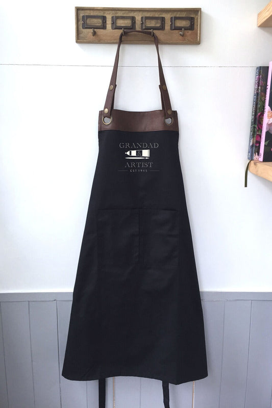 Premium Faux Leather Trim Artist Apron with Pockets, Personalised - Dad, Husband, Grandad, Christmas / Birthday gift UK - FREE Uk Postage