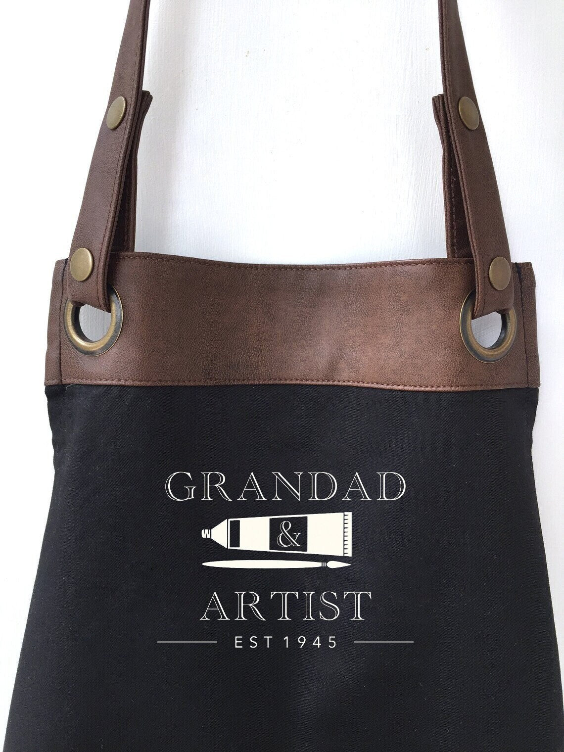 Premium Faux Leather Trim Artist Apron with Pockets, Personalised - Dad, Husband, Grandad, Christmas / Birthday gift UK - FREE Uk Postage