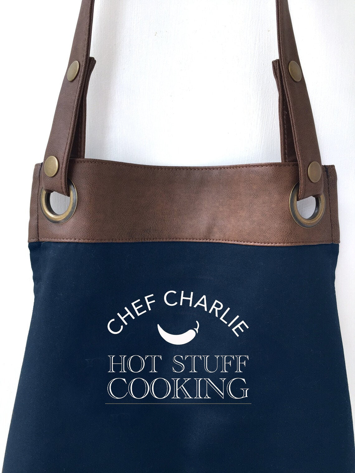 Premium Faux Leather Trim Hot Stuff Apron with Pockets, Personalised - Dad, Husband,Boyfriend , Wife / Birthday gift UK - FREE Uk Postage