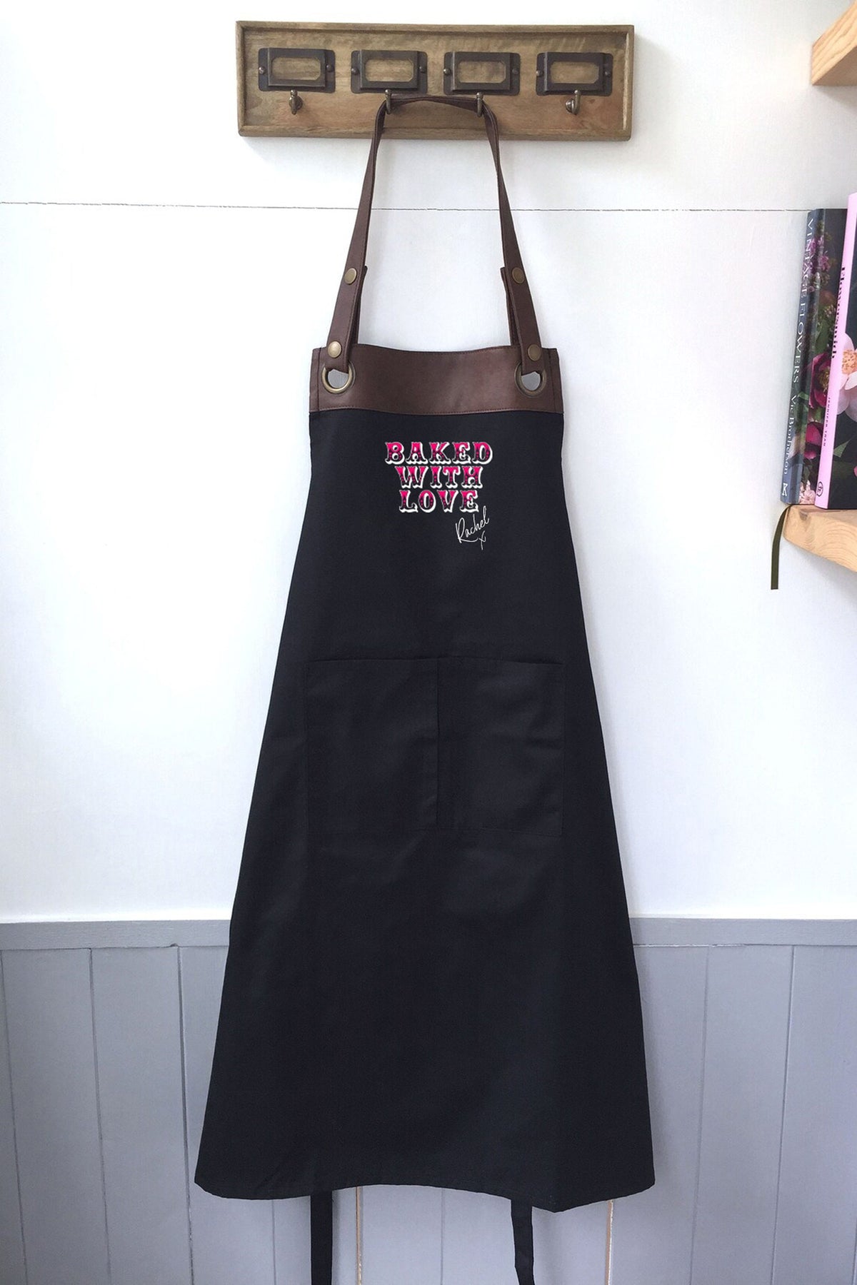 Premium Faux Leather Baked with love Apron. Personalised - Mum, Wife, Grandma,Mothers Day, Girlfriend / Birthday gift UK - FREE Uk Postage