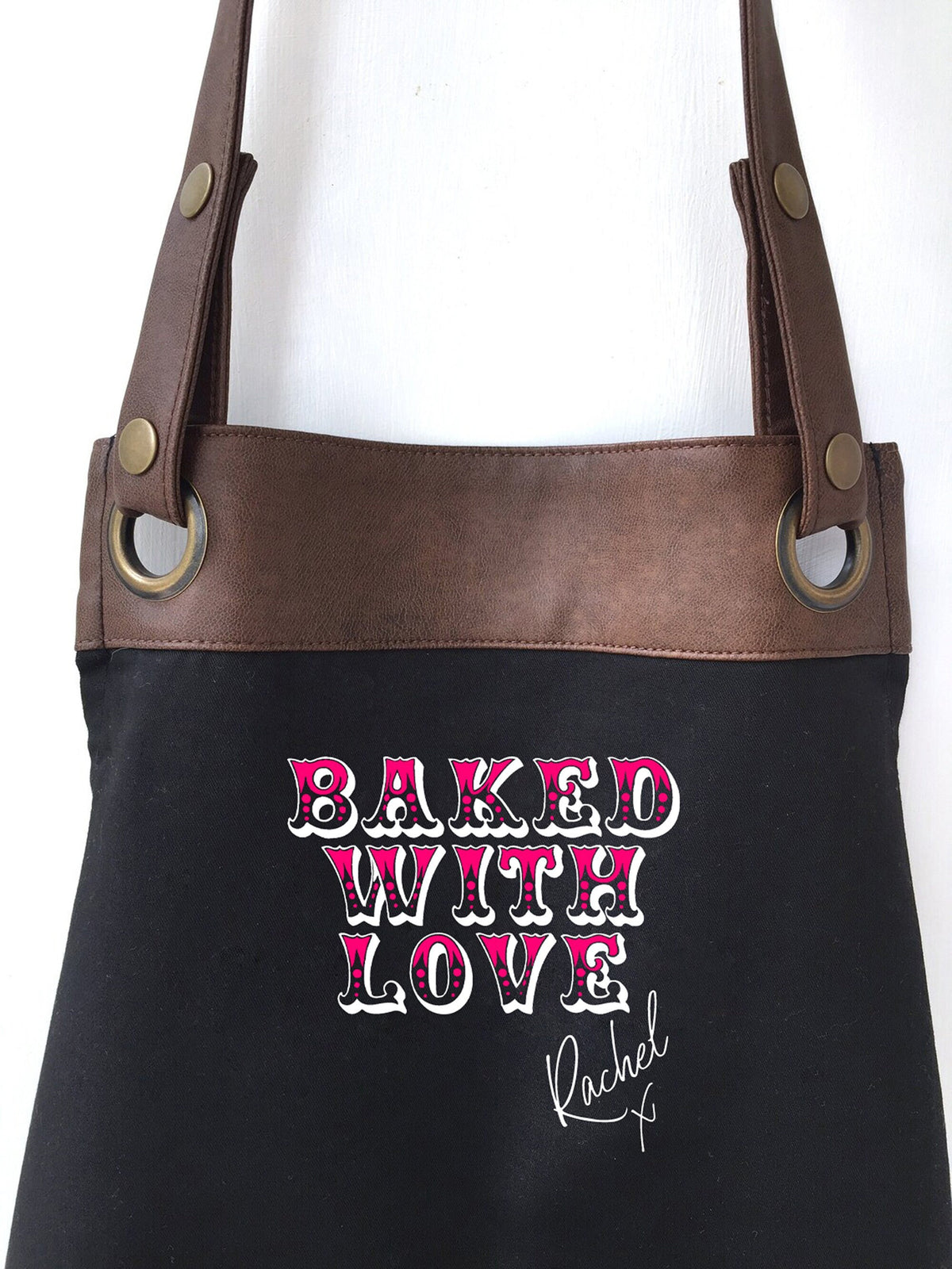 Premium Faux Leather Baked with love Apron. Personalised - Mum, Wife, Grandma,Mothers Day, Girlfriend / Birthday gift UK - FREE Uk Postage