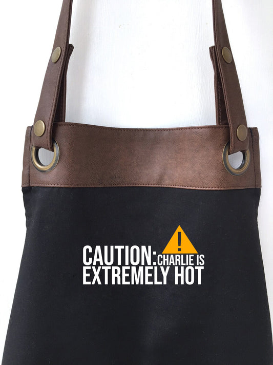 Premium Faux Leather Caution Extremely Hot Apron, Personalised Name - Dad, Husband, Grandad / Boyfriend / Birthday gift UK -FREE Uk Postage