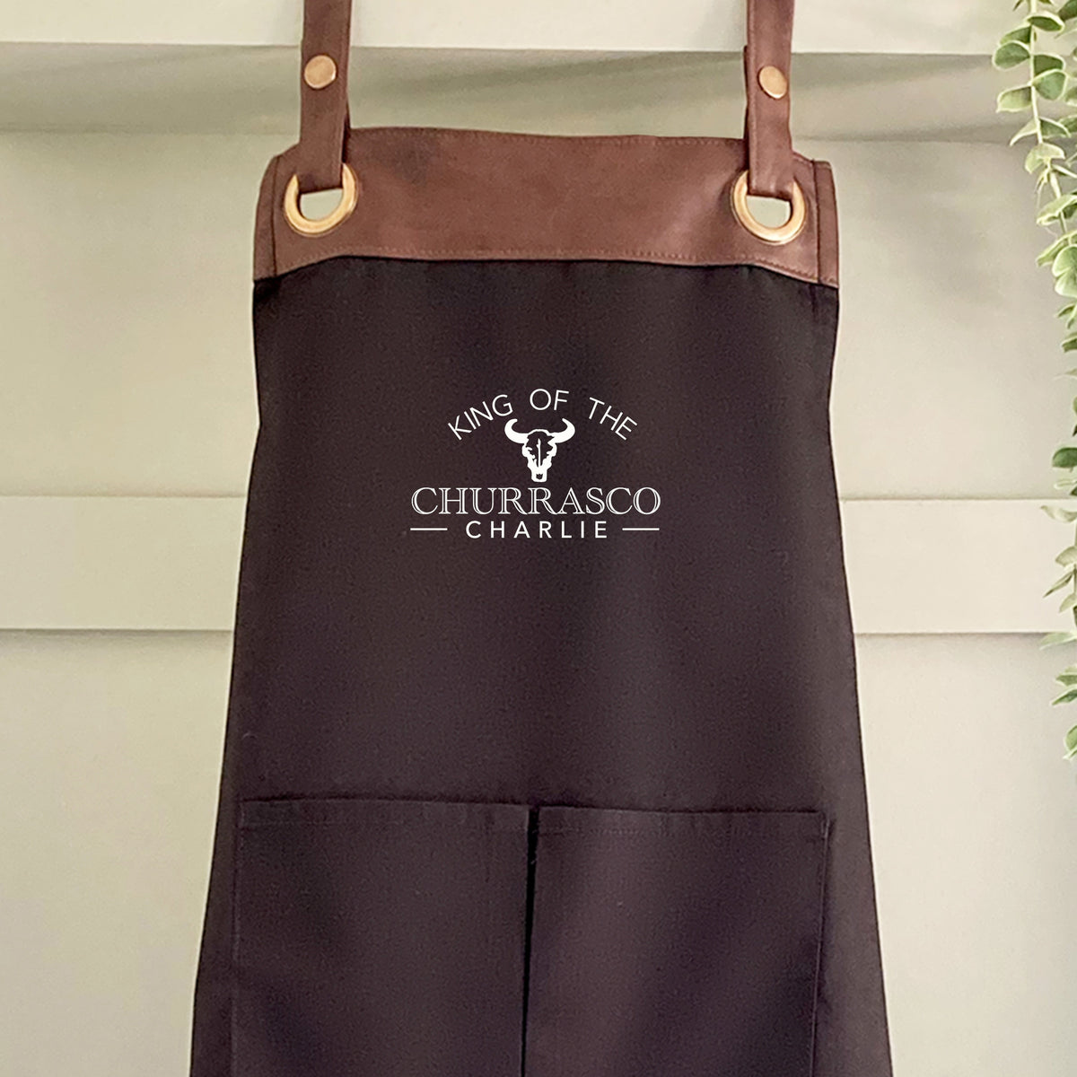 Premium Faux Leather Trim Churrasco Apron with Pockets, Personalised Name-Dad, Husband,Grandad, Fathers Day / Birthday gift-FREE Uk Postage
