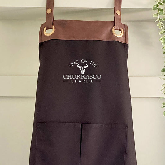 Premium Faux Leather Trim Churrasco Apron with Pockets, Personalised Name-Dad, Husband,Grandad, Fathers Day / Birthday gift-FREE Uk Postage
