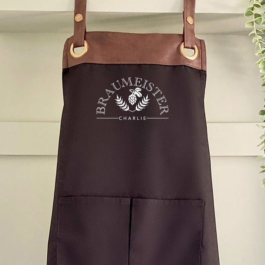 Premium Faux Leather Trim Braumeister Apron with Pockets,Personalised Name - Dad,Husband,Grandad/Fathers Day/Birthday giftUK-FREE Uk Postage