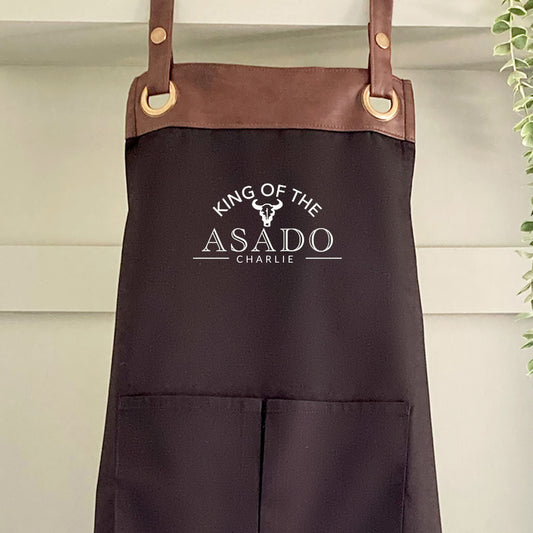 Premium Faux Leather Trim Asado Apron with Pockets, Personalised Name - Dad, Husband, Grandad / Fathers Day/Birthday gift UK-FREE Uk Postage