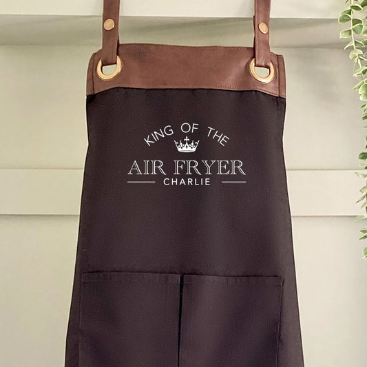 Premium Faux Leather Trim Airfryer Apron with Pockets, Personalised Name - Dad,Husband, Grandad/Fathers Day/Birthday gift UK-FREE Uk Postage