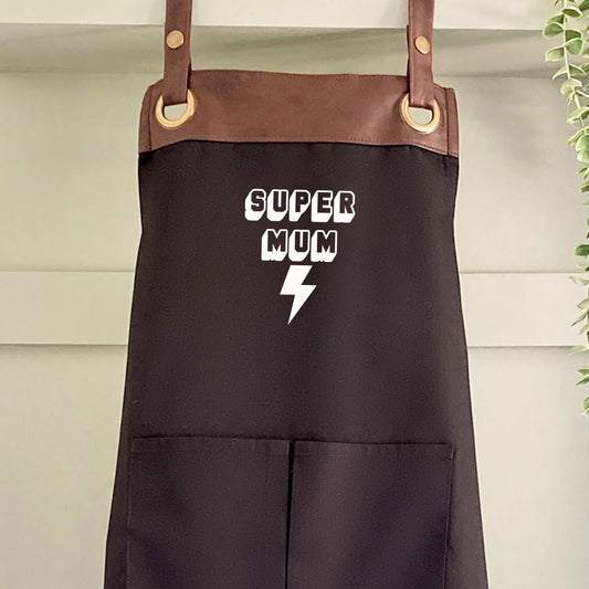 Premium Faux Leather Trim Super Mum Apron with Pockets, Personalised - Mum, Wife, Grandma,Mothers Day / Birthday gift UK - FREE Uk Postage