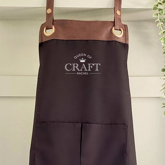 Premium Faux Leather Trim Queen of Craft Apron with Pockets, Personalised-Mum, Wife, Grandma,Mothers Day/Birthday gift UK - FREE Uk Postage