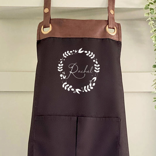 Premium Faux Leather Trim Mother's Day Apron with Pockets, Personalised -Mum, Wife, Grandma,Mothers Day / Birthday gift UK - FREE Uk Postage