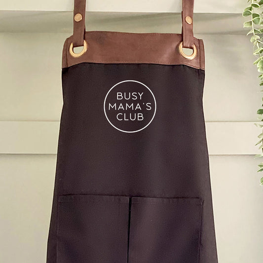 Premium Faux Leather Trim Busy Muma's Club Apron with Pockets, Personalised-Mum, Wife, Grandma,Mothers Day/Birthday gift UK-FREE Uk Postage