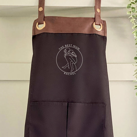 Premium Faux Leather Trim Best Mum Apron with Pockets, Personalised -Mum, Wife, Grandma,Mothers Day / Birthday gift UK - FREE Uk Postage