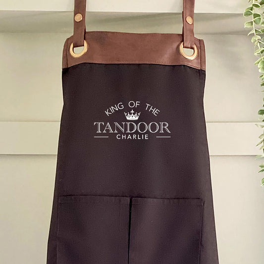 Premium Faux Leather Trim Tandoor Apron with Pockets,Personalised Name-Dad, Husband, Grandad / Fathers Day /Birthday gift UK FREE Uk Postage