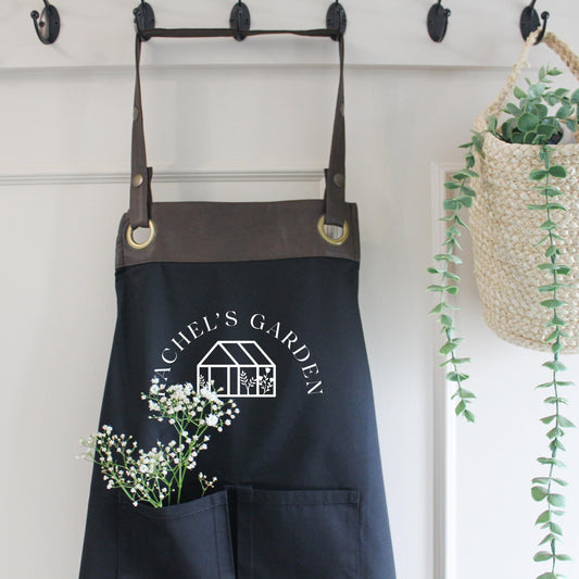 Personalised Gardening Apron, with Greenhouse design. Mother's Day, Birthday, Anniversary, Celebration gift. UK -FREE Uk Postage