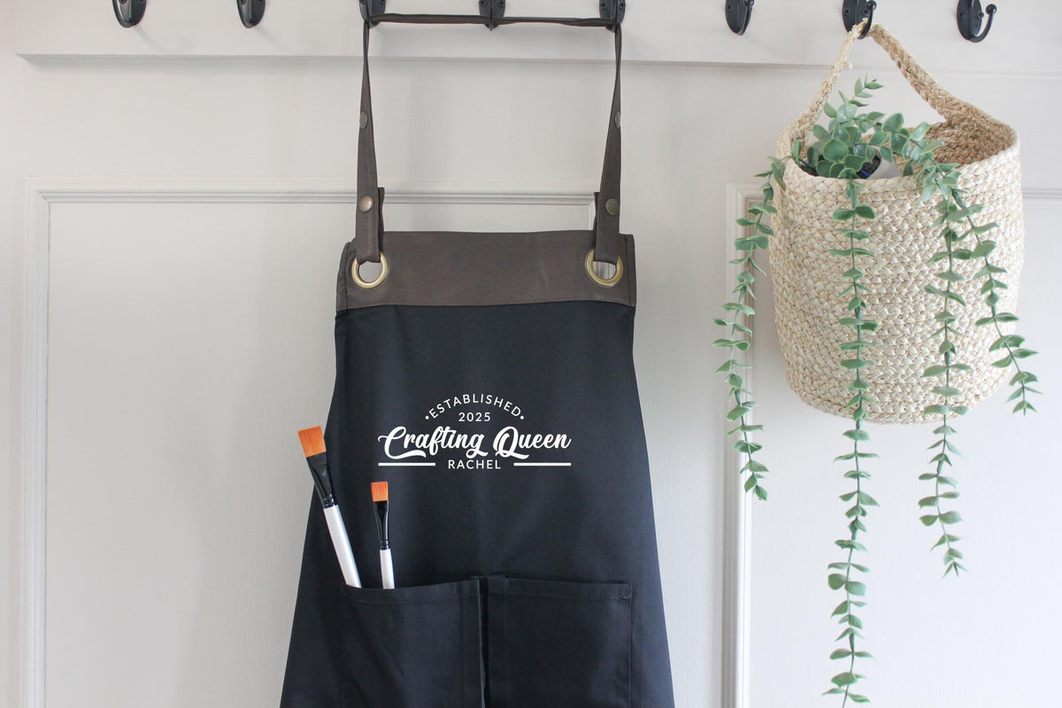 Personalised Crafting Queen apron with Tan faux leather details. Available in 3 colours. Great Mothers Day gift.
