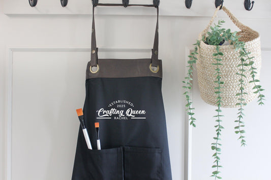 Personalised Crafting Queen apron with Tan faux leather details. Available in 3 colours. Great Mothers Day gift.