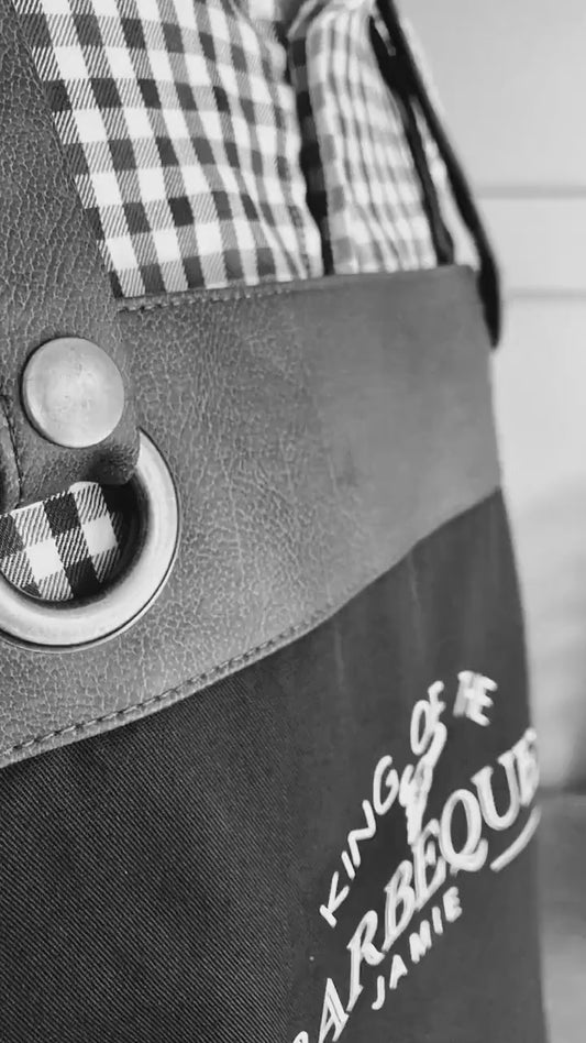 Premium Faux Leather Trim BBQ Apron with Pockets, Personalised Name - Dad, Husband, Grandad / Christmas /Birthday gift UK -FREE Uk Postage